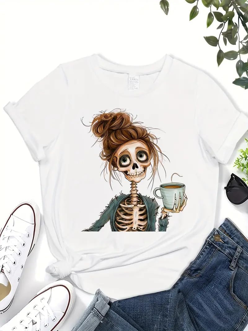 Unisex Women's Skull Print Crew Neck Short Sleeve T-Shirt, Summer