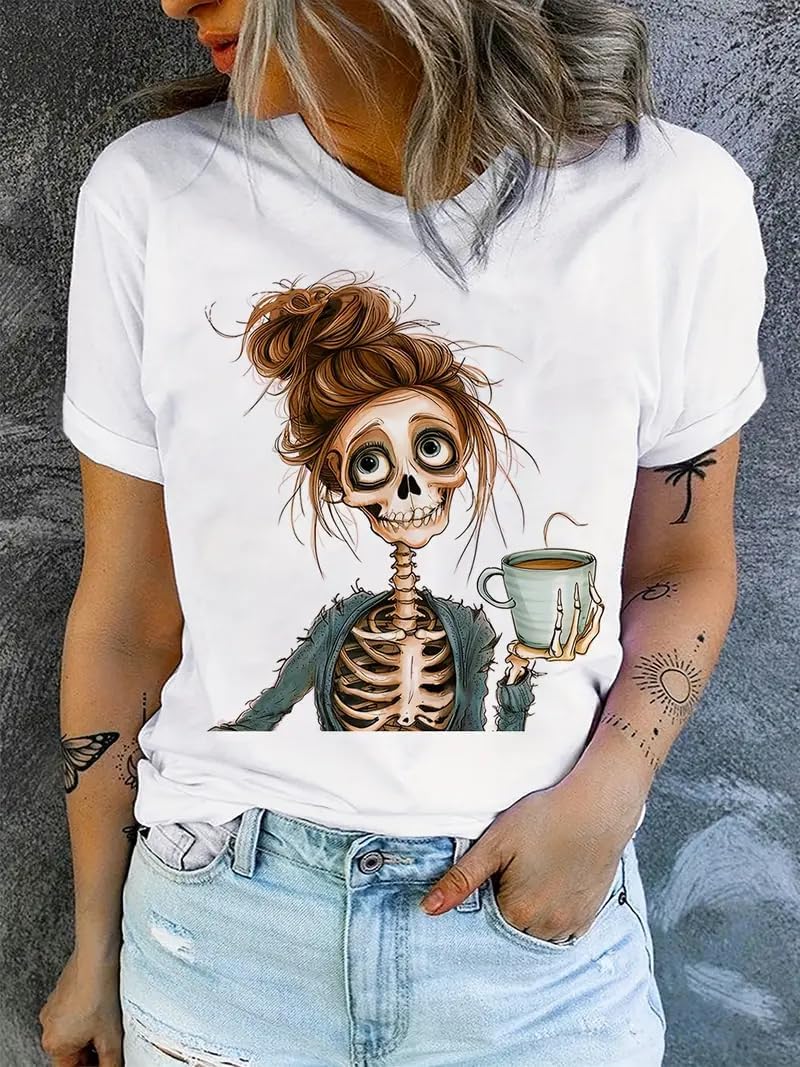 Unisex Women's Skull Print Crew Neck Short Sleeve T-Shirt, Summer